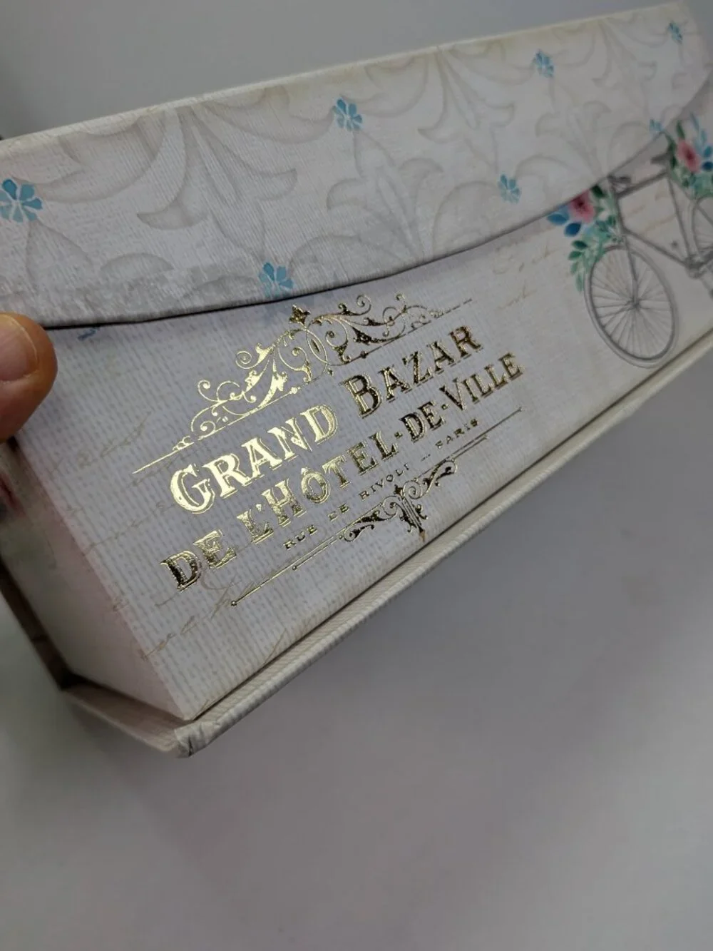 Paris France Storage Box Bicycle Gold Metallic Floral Postcard Art Blue